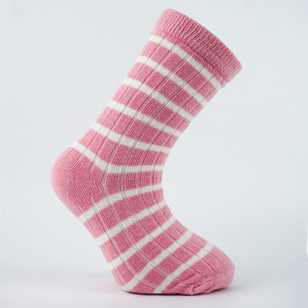 Girl Pink & White Striped Ribbed Crew Socks