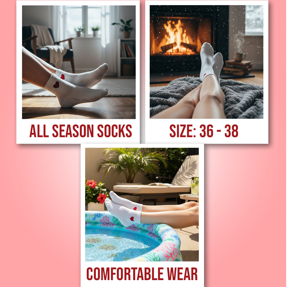 Women White Ankle Socks with Red Heart