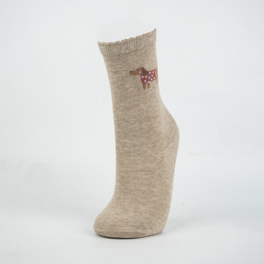 Girls Beige Dachshund Print Crew Socks