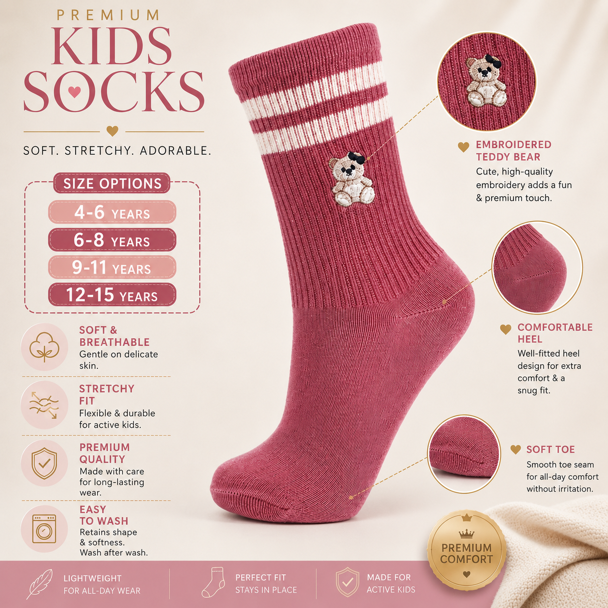 Girls Bear Embroidered Crew Socks