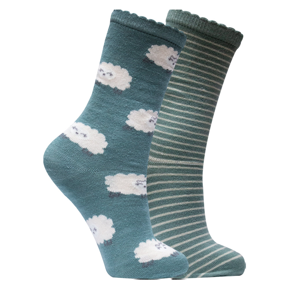 Pack of 2 - Girls’ Cute Sheep & Stripes Crew Socks