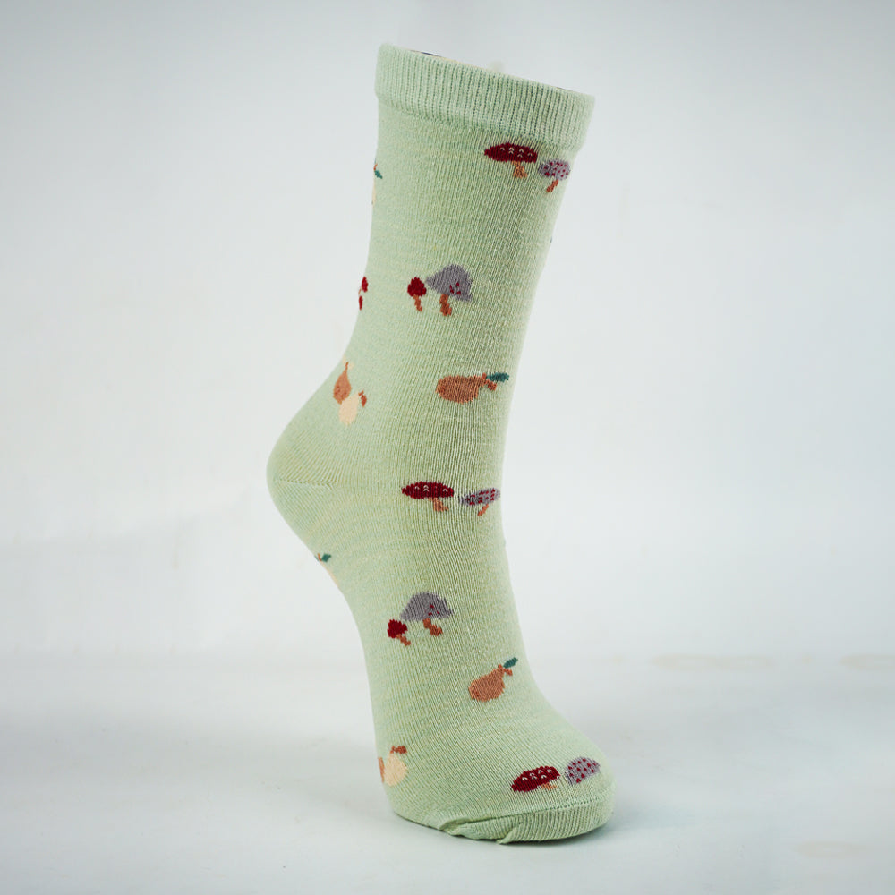 Girls Mushroom & pear Print Crew Green Socks