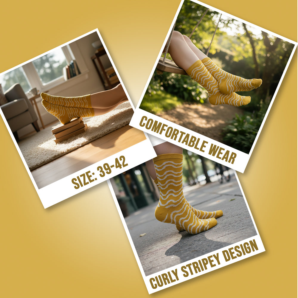 Women Yellow Wave Pattern Crew Socks