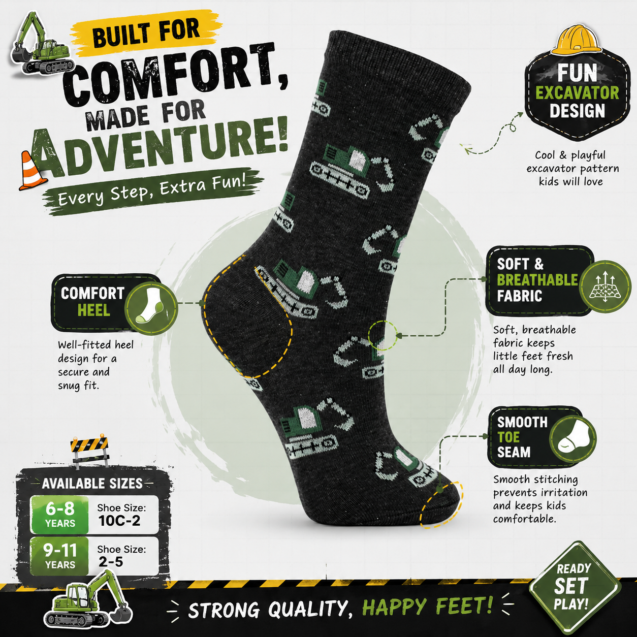 Boys Excavator Print Crew Socks