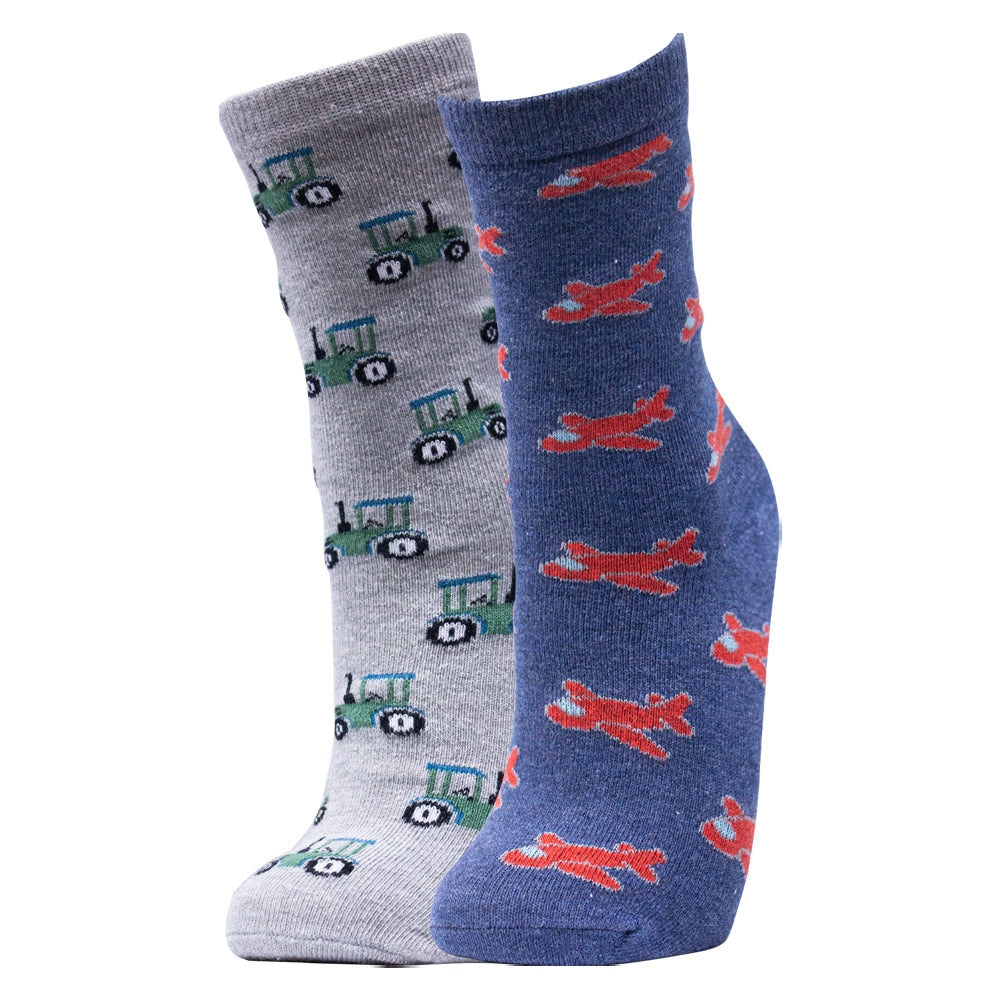 Pack of 2 - Boys Tractor & Airplane Fun Socks