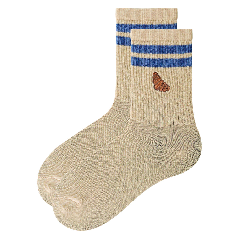 Unisex Beige Croissant Embroidery Crew Socks