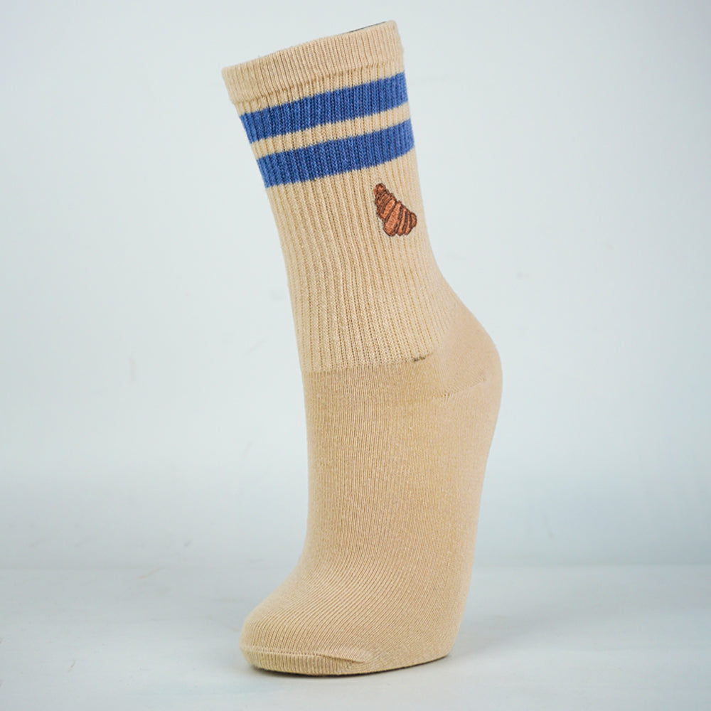 Unisex Beige Croissant Embroidery Crew Socks