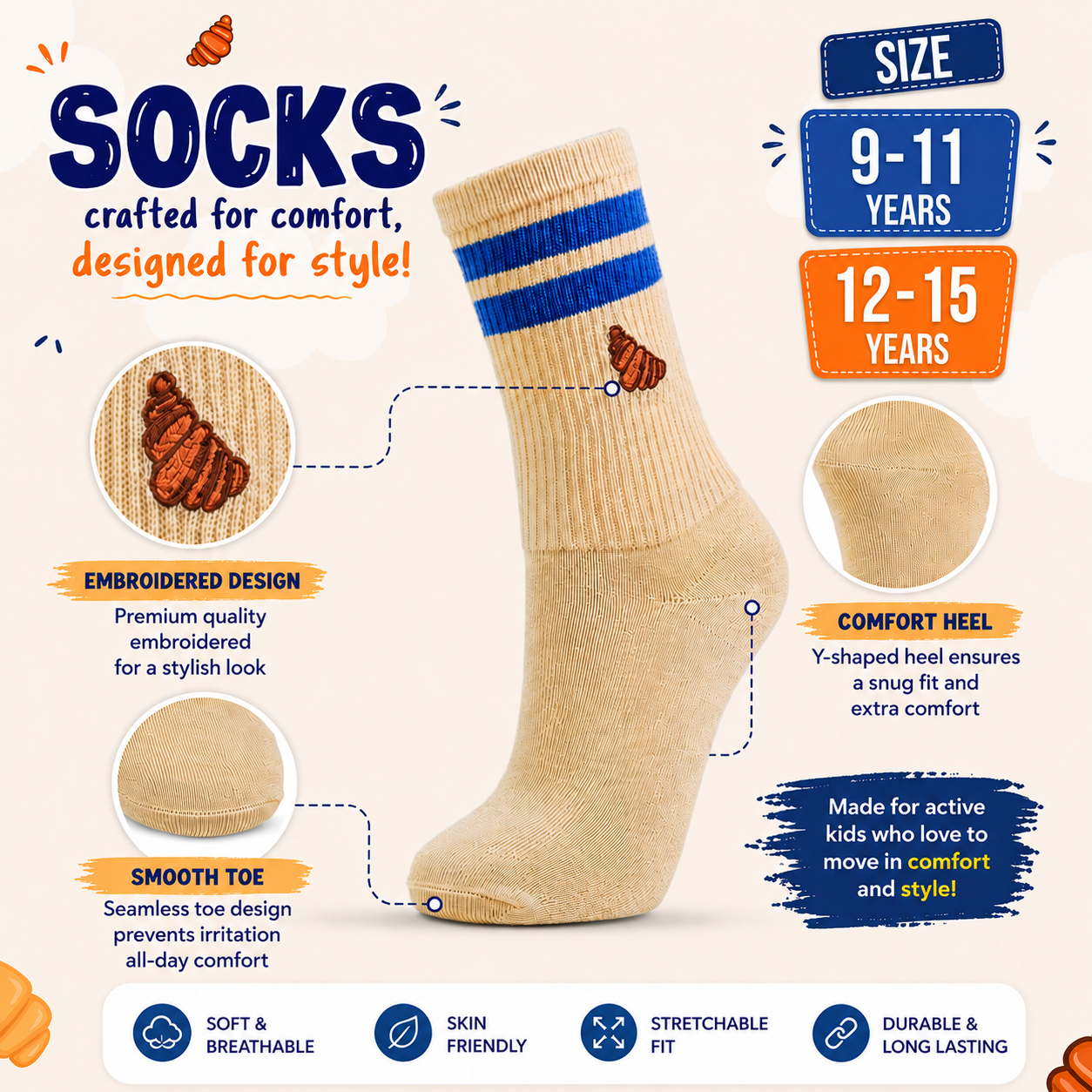 Unisex Beige Croissant Embroidery Crew Socks