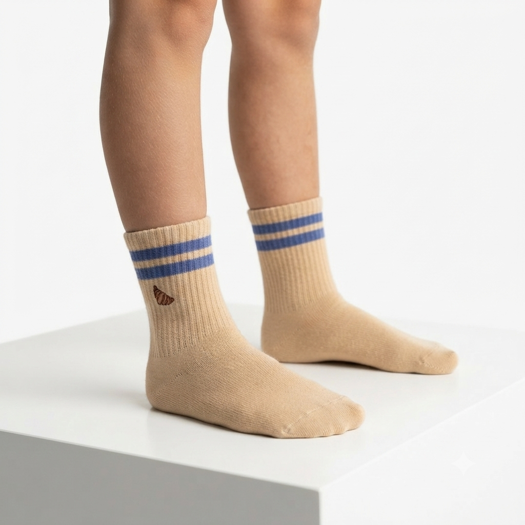 Unisex Beige Croissant Embroidery Crew Socks