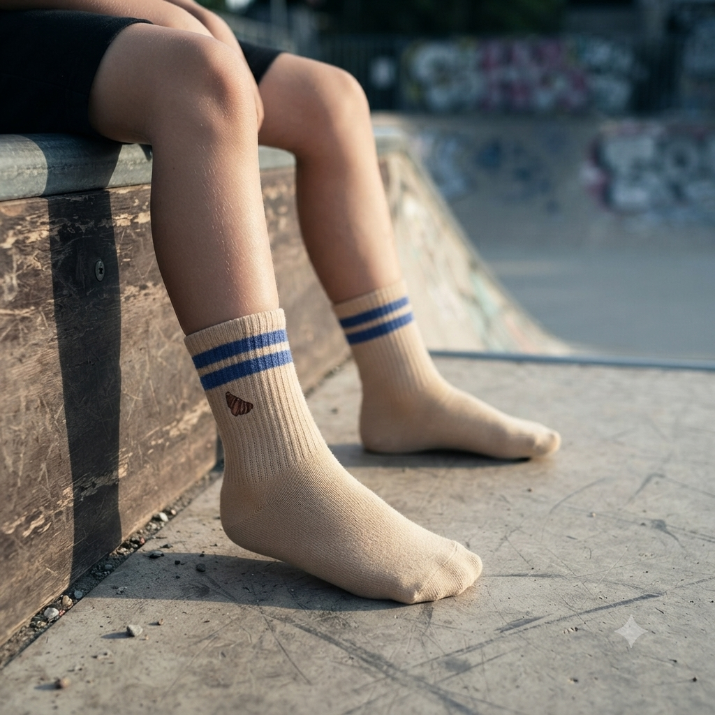 Unisex Beige Croissant Embroidery Crew Socks
