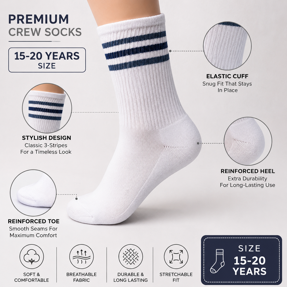Classic Striped White Crew Socks