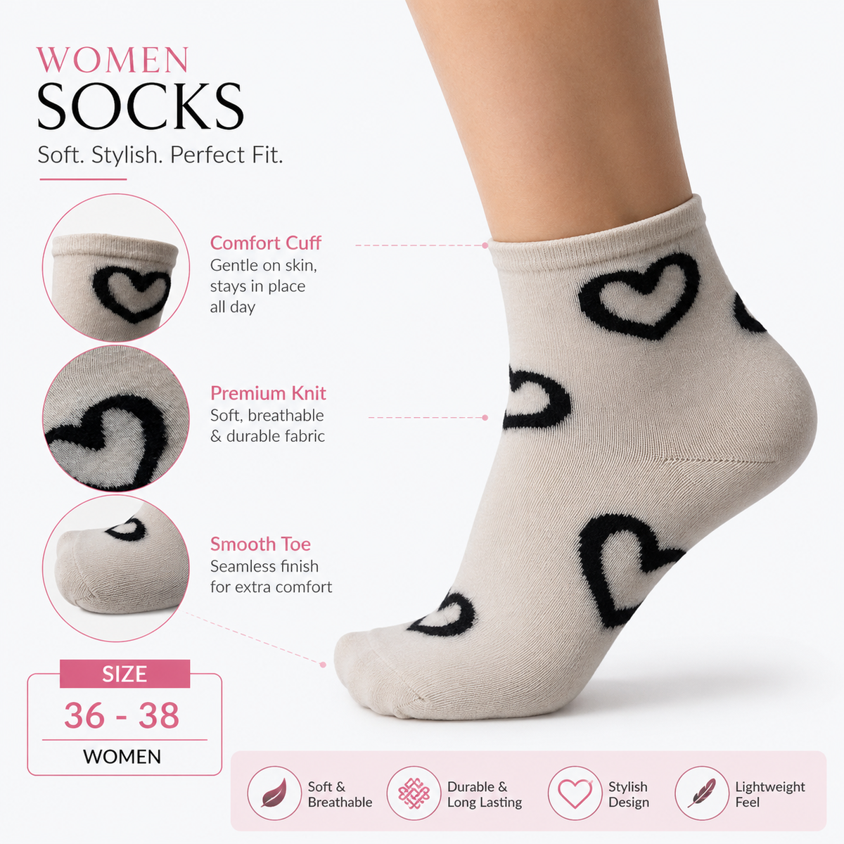 Women Cute Heart Print Crew Socks