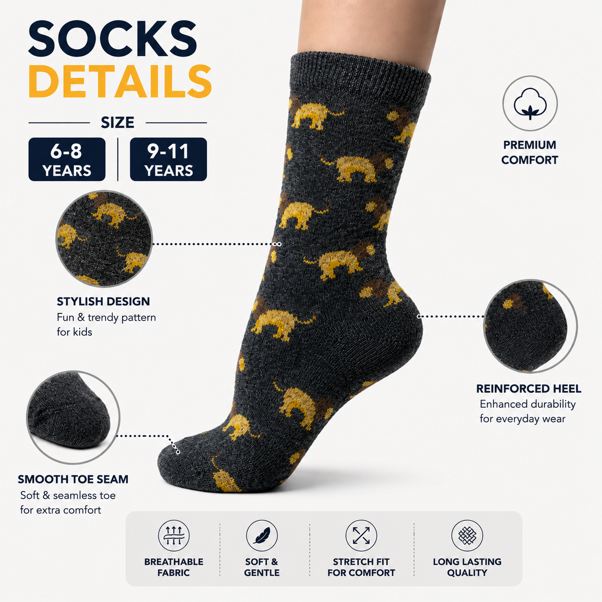 Lion Print Crew Socks for Boys