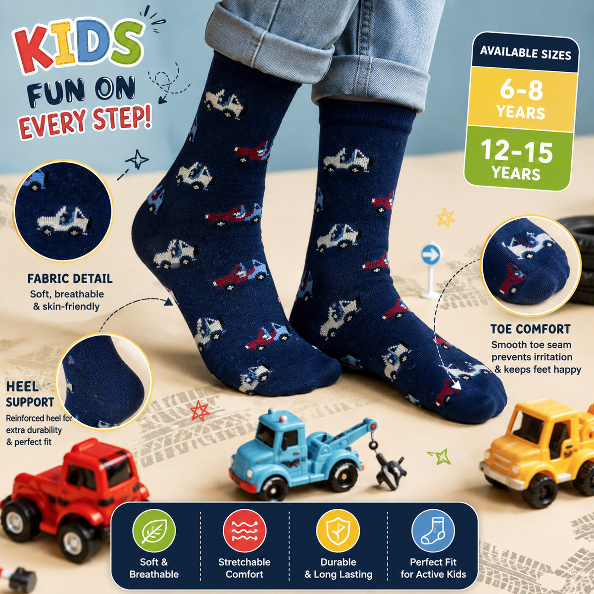 Boys Trendy Car Print Socks