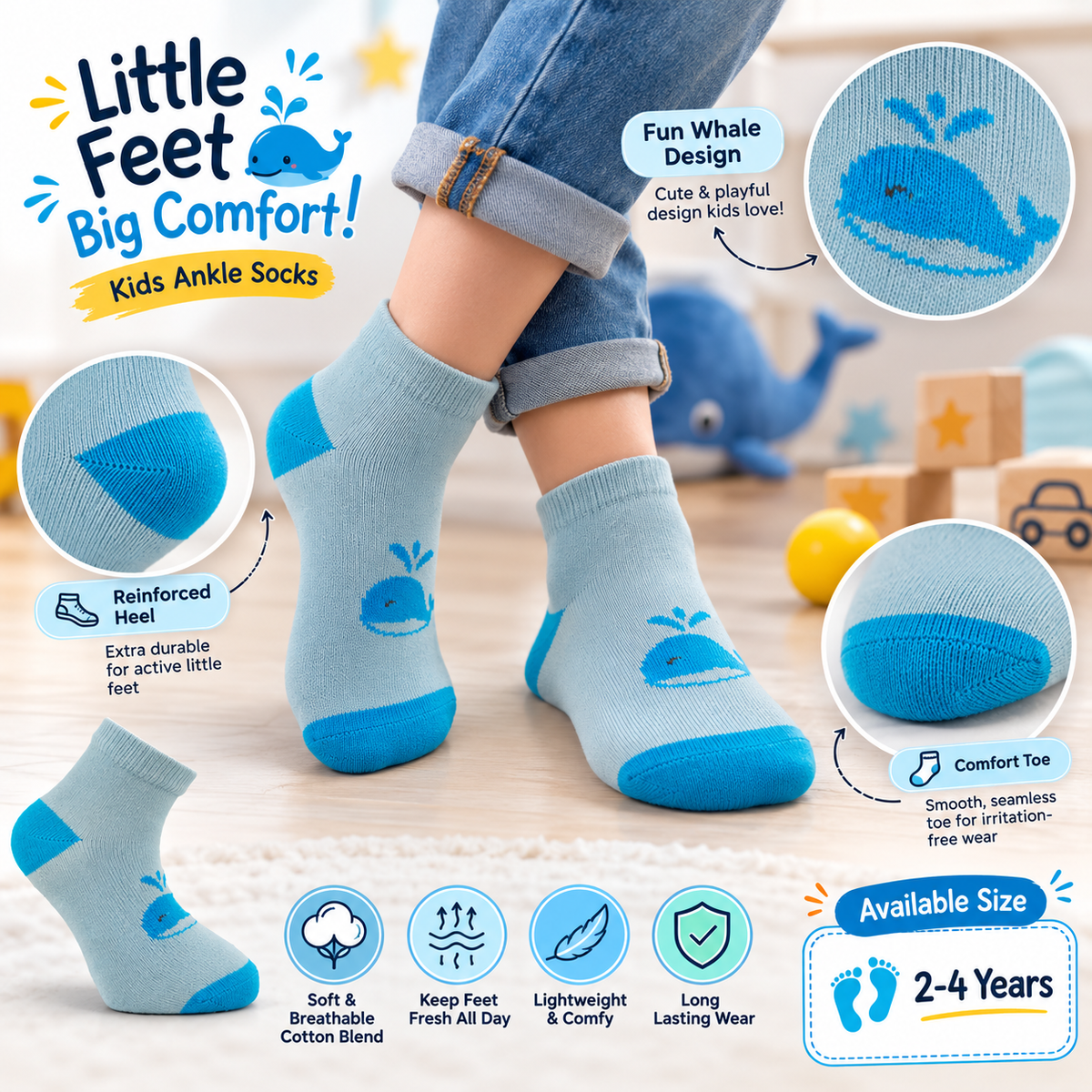 Whale Print Toddler Boys' Cotton Socks