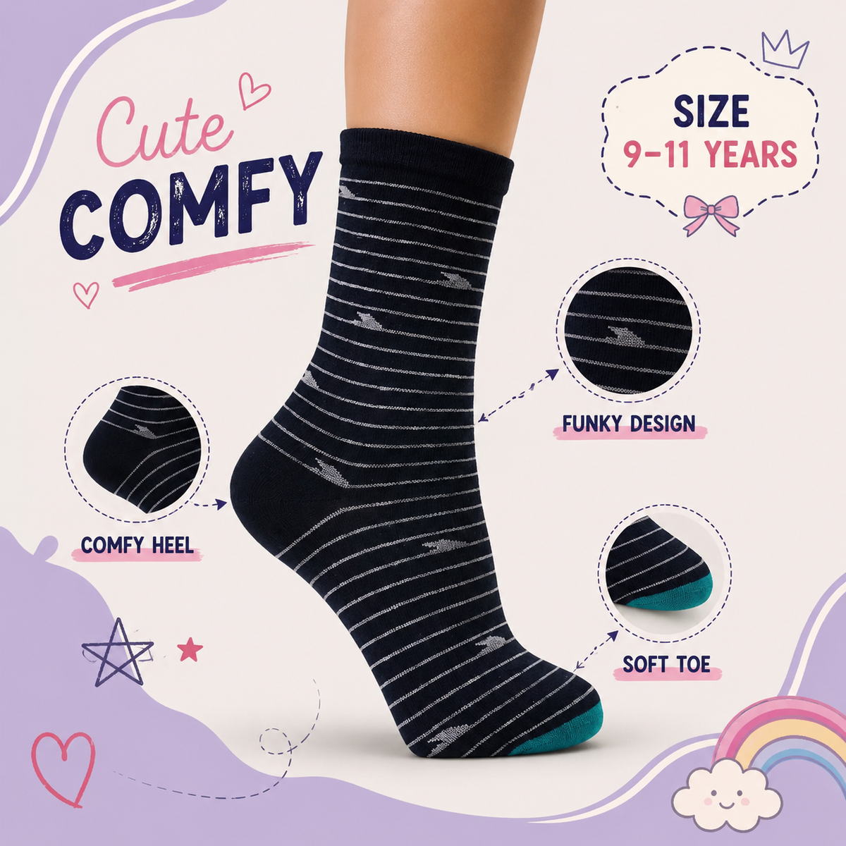 Girls Striped Crew Navy Socks