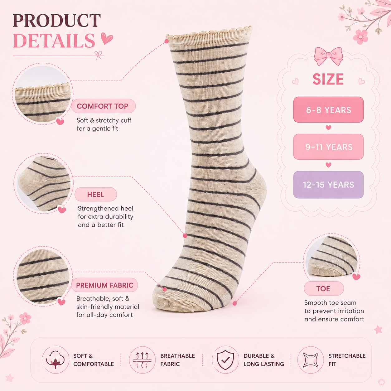 Girls Striped Crew Socks