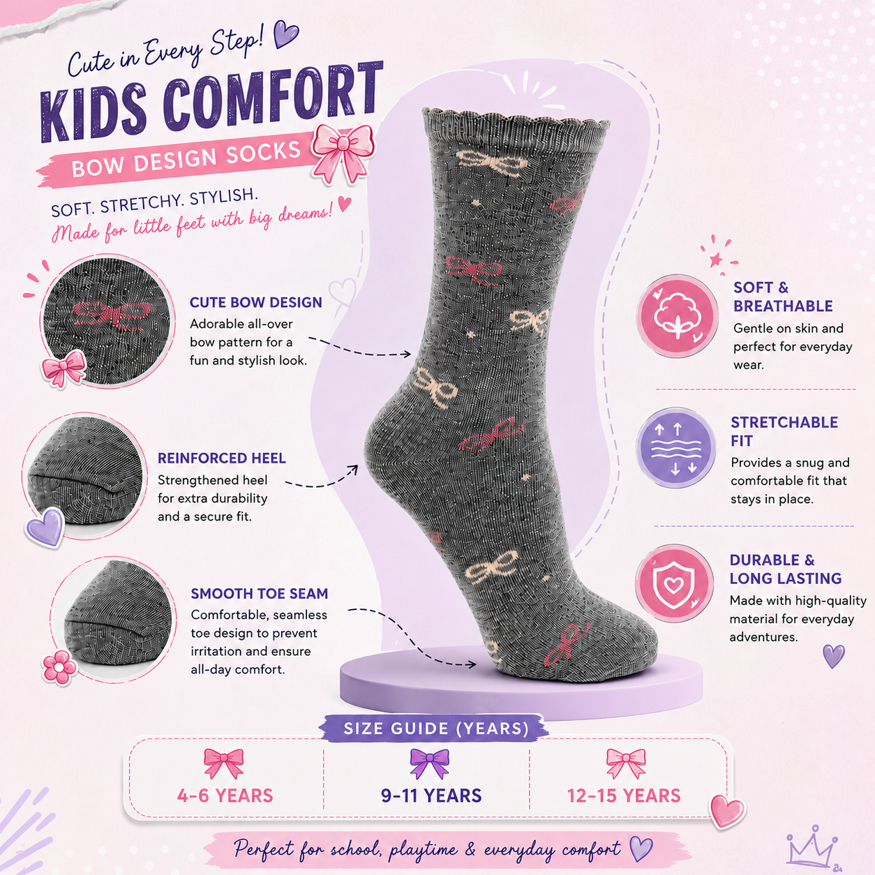 Girls Ribbon Print Crew Socks