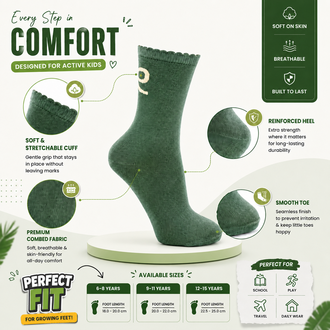 Green Scalloped-Edge Bow Socks for Girls