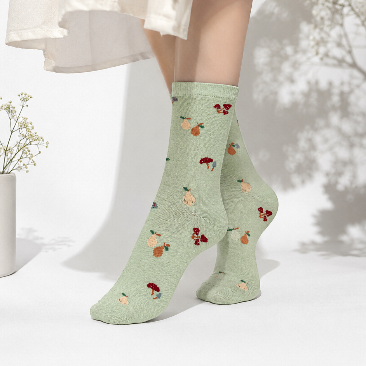 Girls Mushroom & pear Print Crew Green Socks