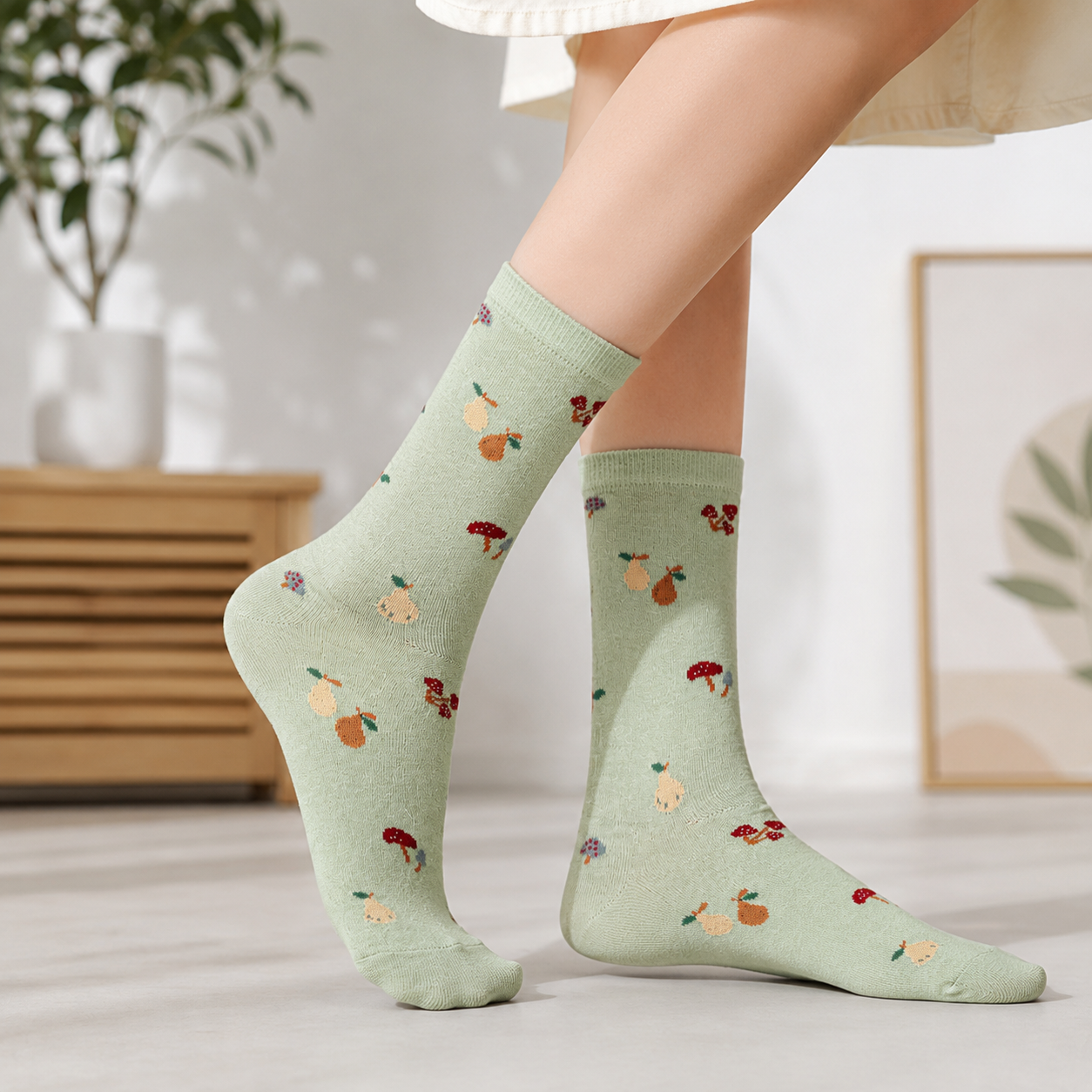 Girls Mushroom & pear Print Crew Green Socks