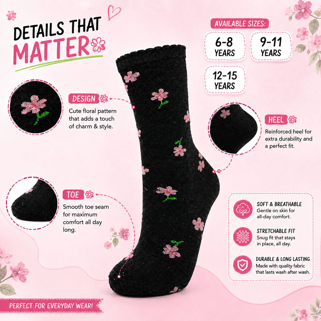 Girls Floral Pattern Crew Socks
