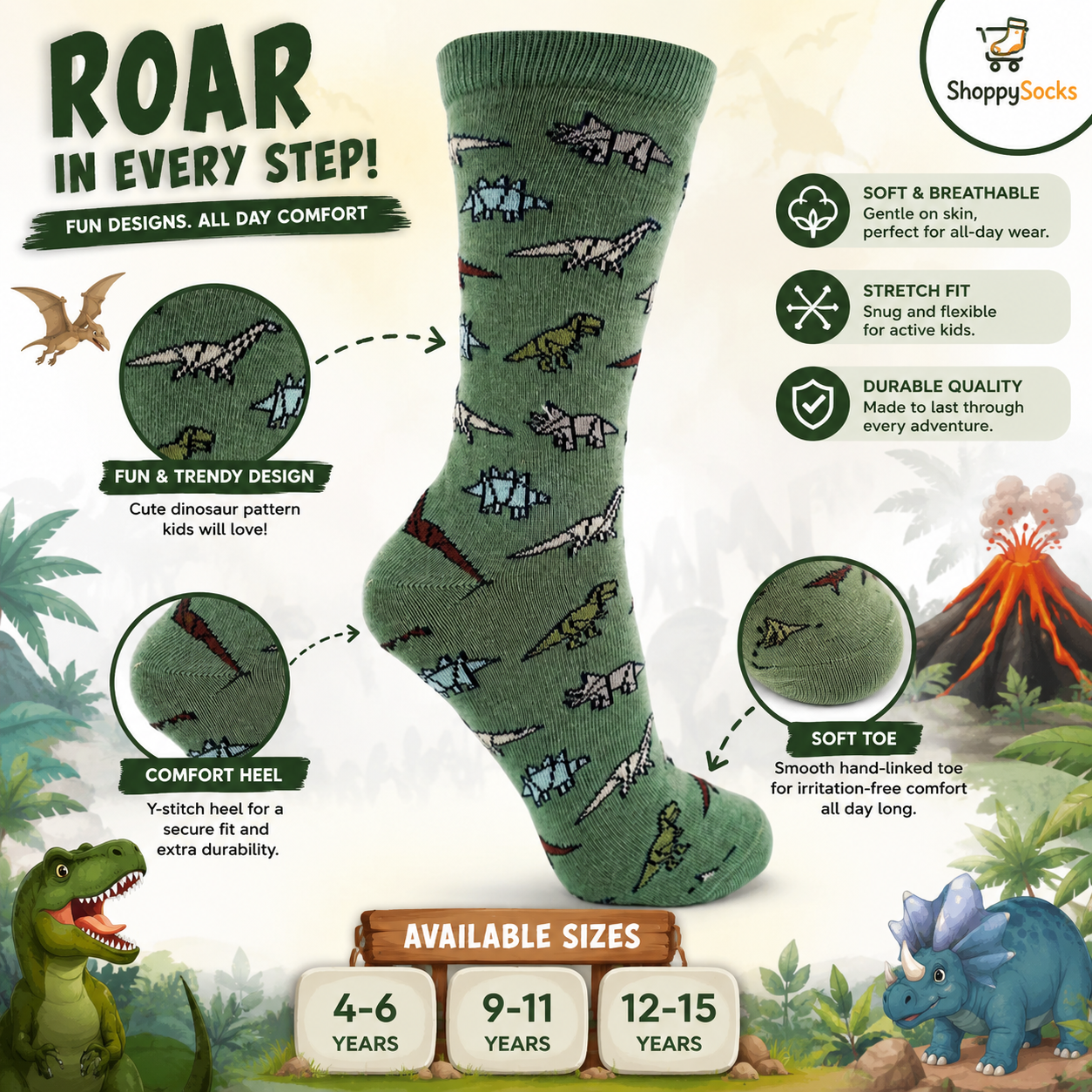 Boys Dinosaur Print Crew Green Socks