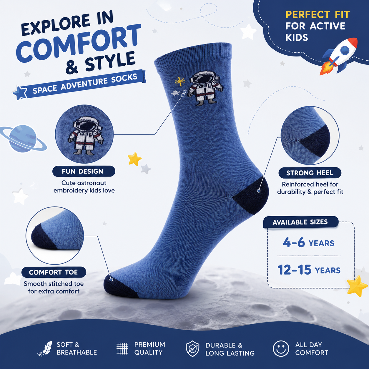Boys Astronaut Print Crew Socks