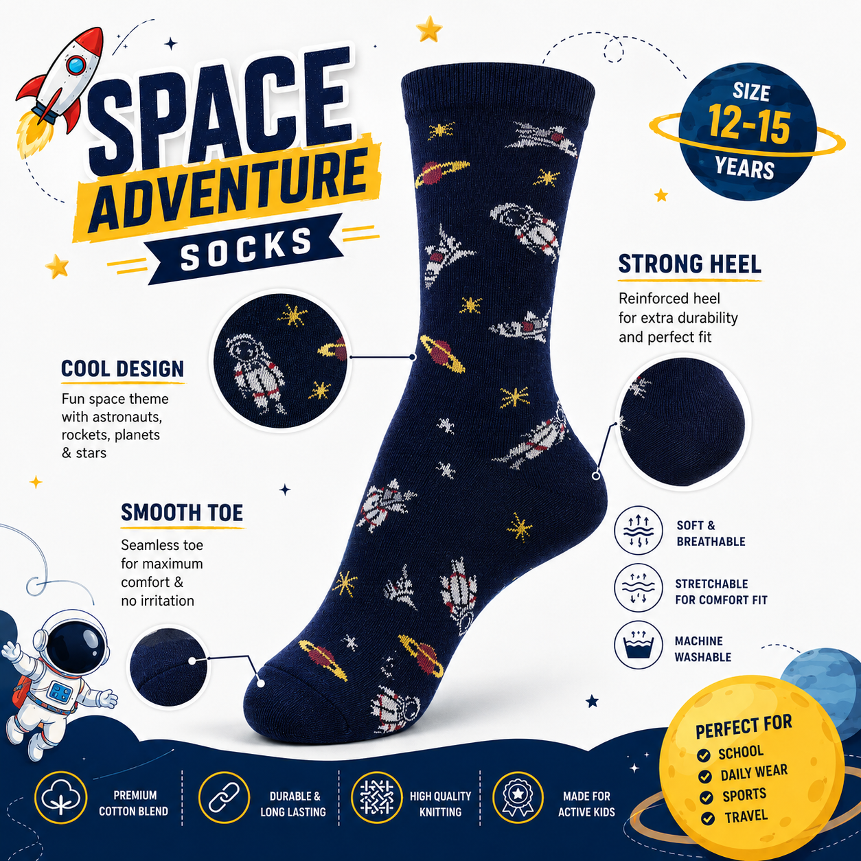 Boys Navy Blue Space Exploration Print Socks