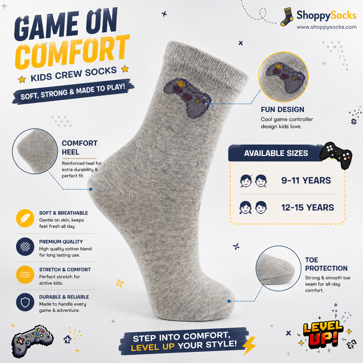 Boys' Gaming Controller Crew Grey Socks