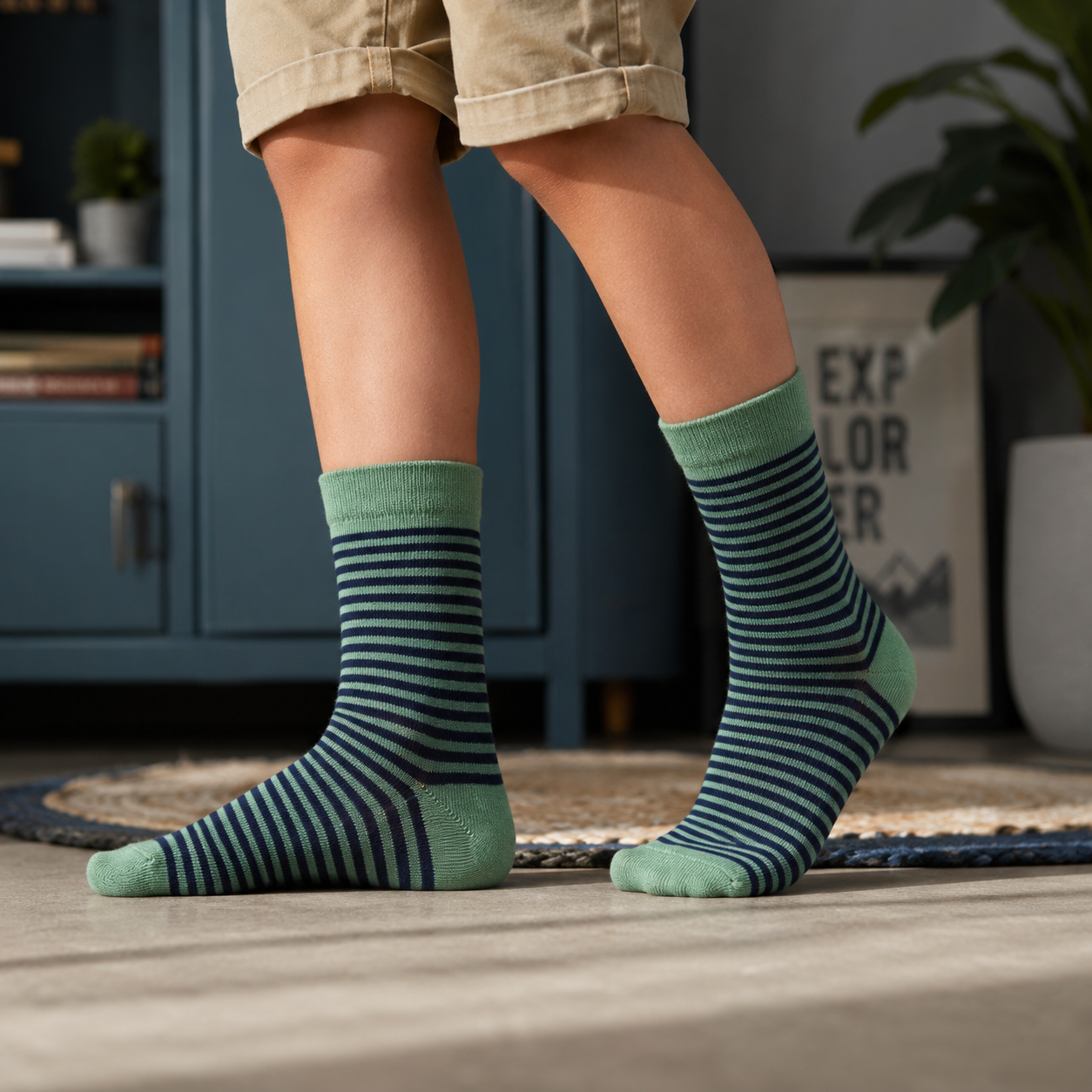 Boys Classic Striped Green Crew Socks