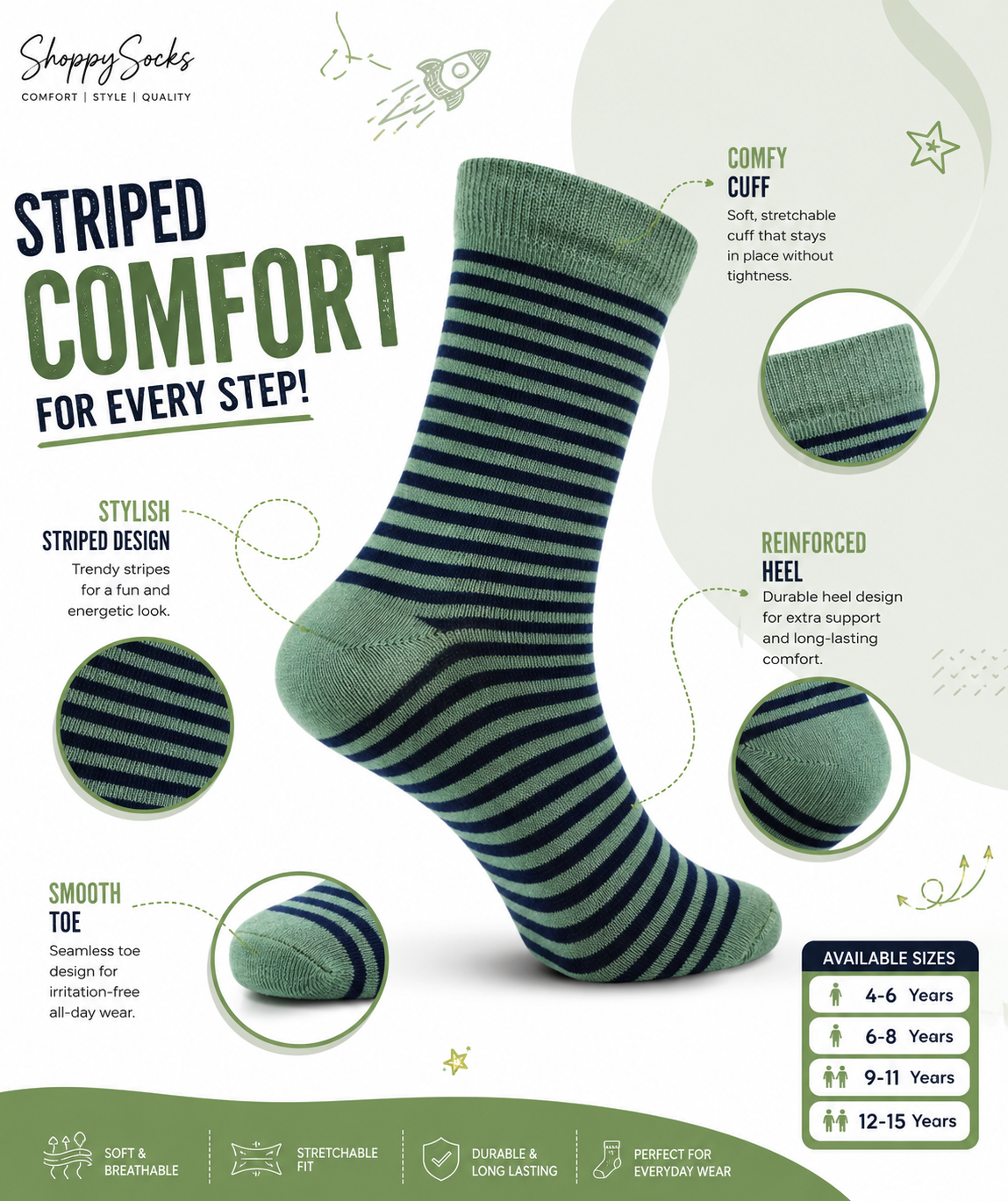 Boys Classic Striped Green Crew Socks