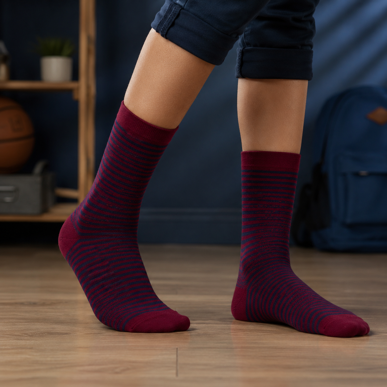 Boys Striped Maroon Crew Socks
