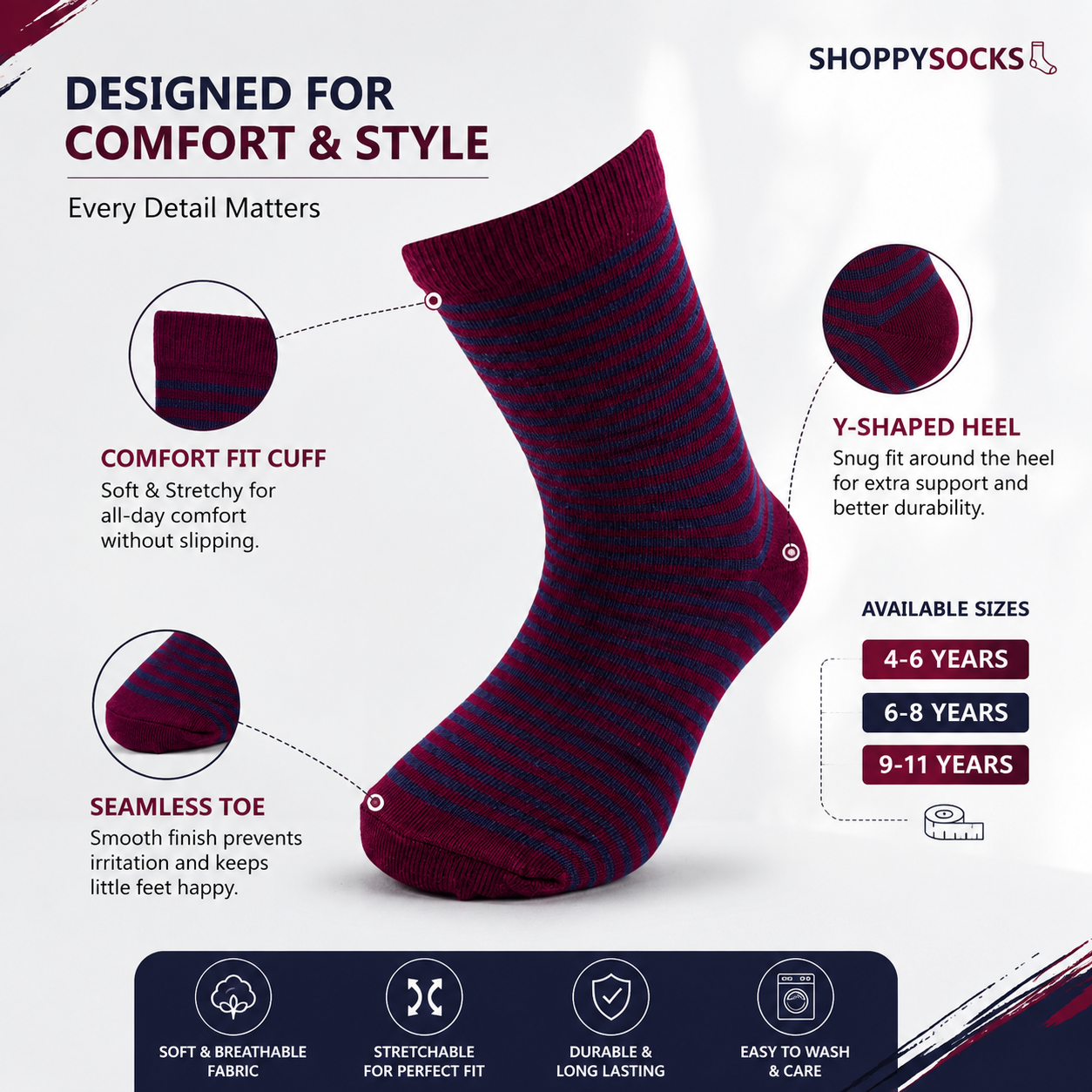 Boys Striped Maroon Crew Socks