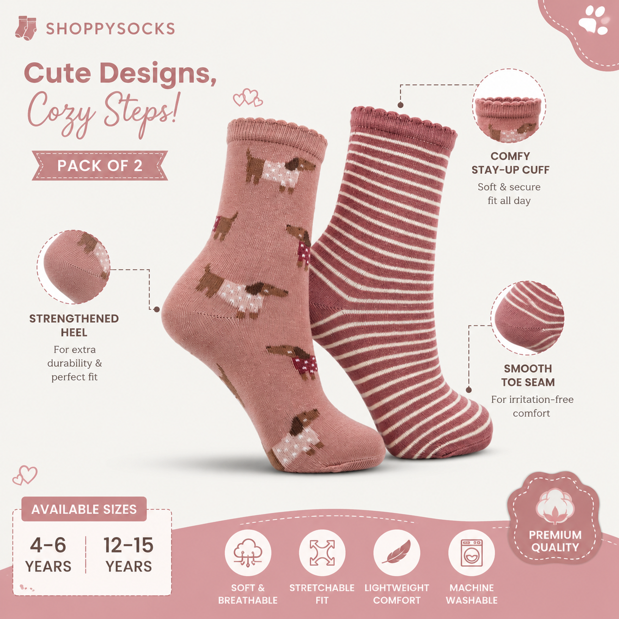 Dog Printed & Striped Girls Crew Socks