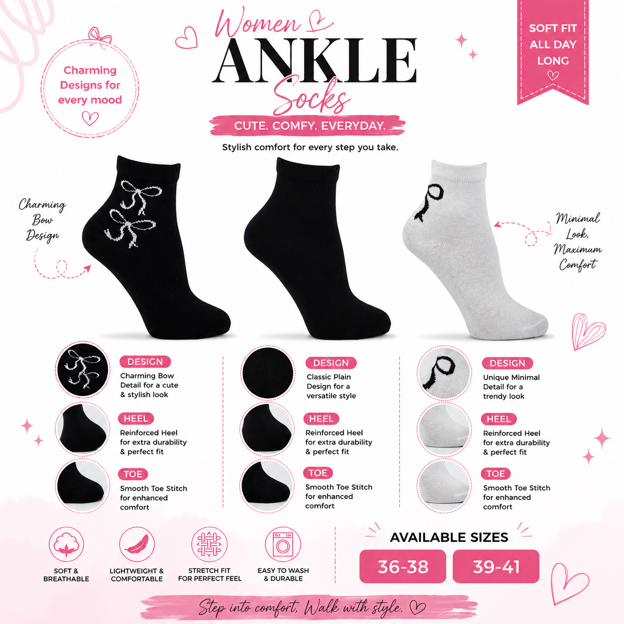 Women Bow Print Ankle Socks