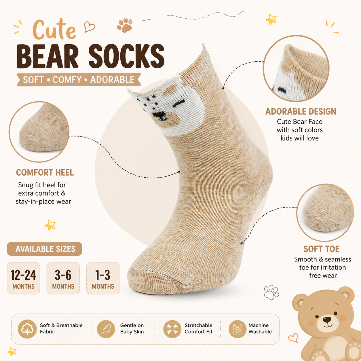 Bear Print Baby Brown Socks