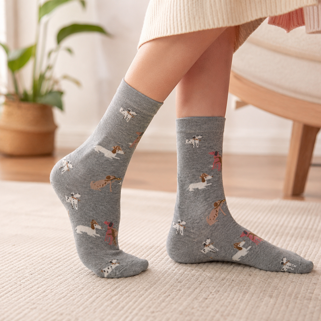 Girls Dog Print Cotton Grey Socks