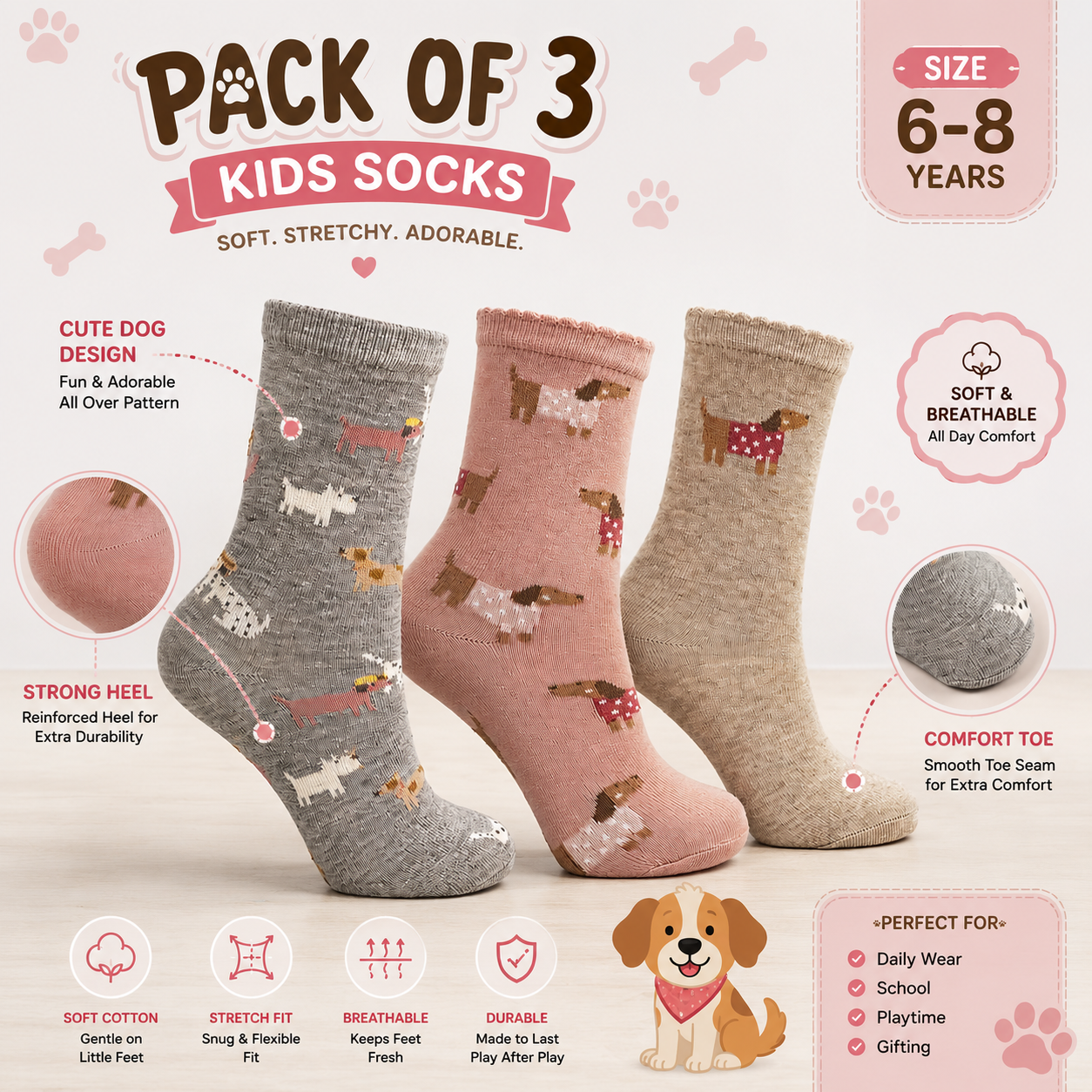 Girls Dogs Print Crew Socks