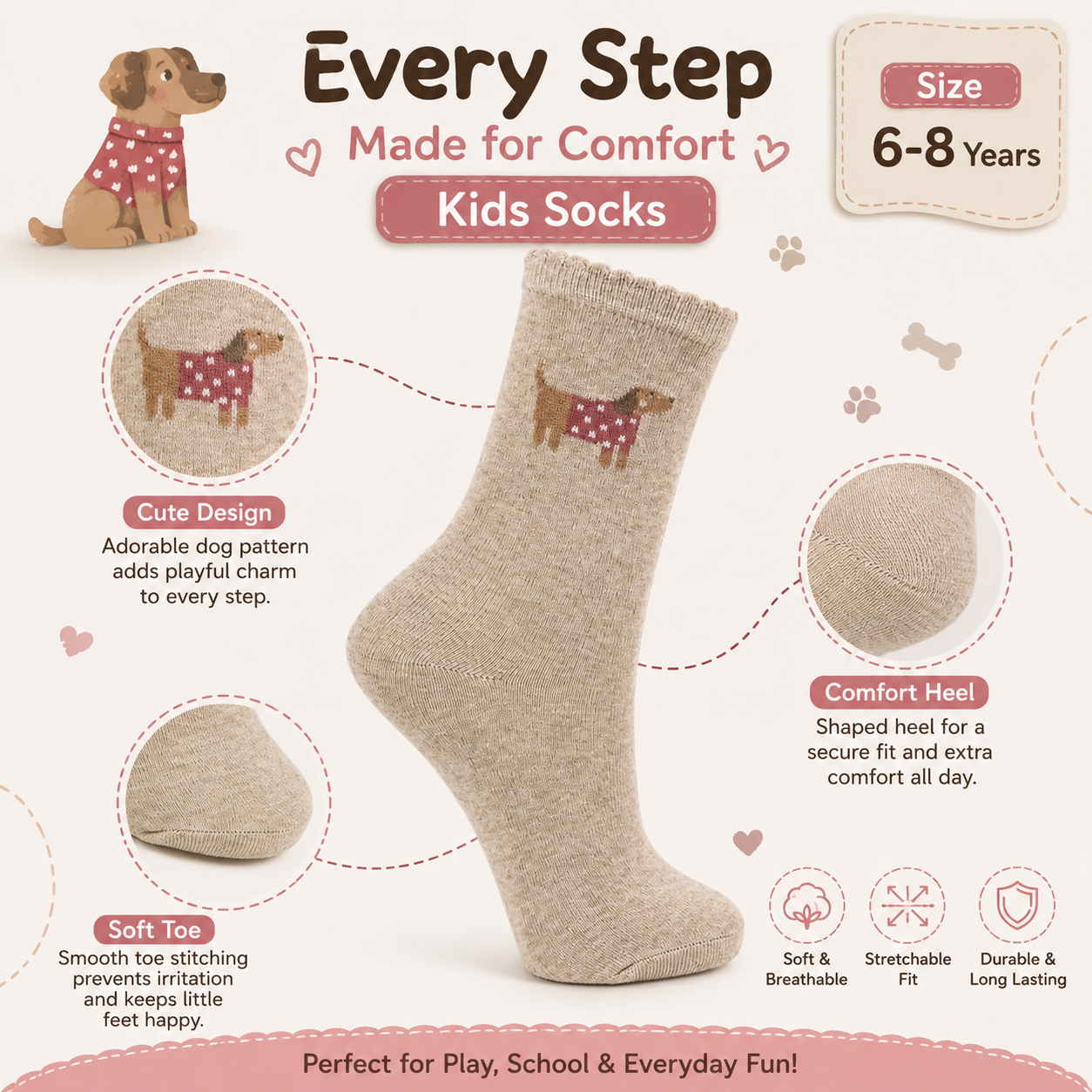 Girls Beige Dachshund Print Crew Socks