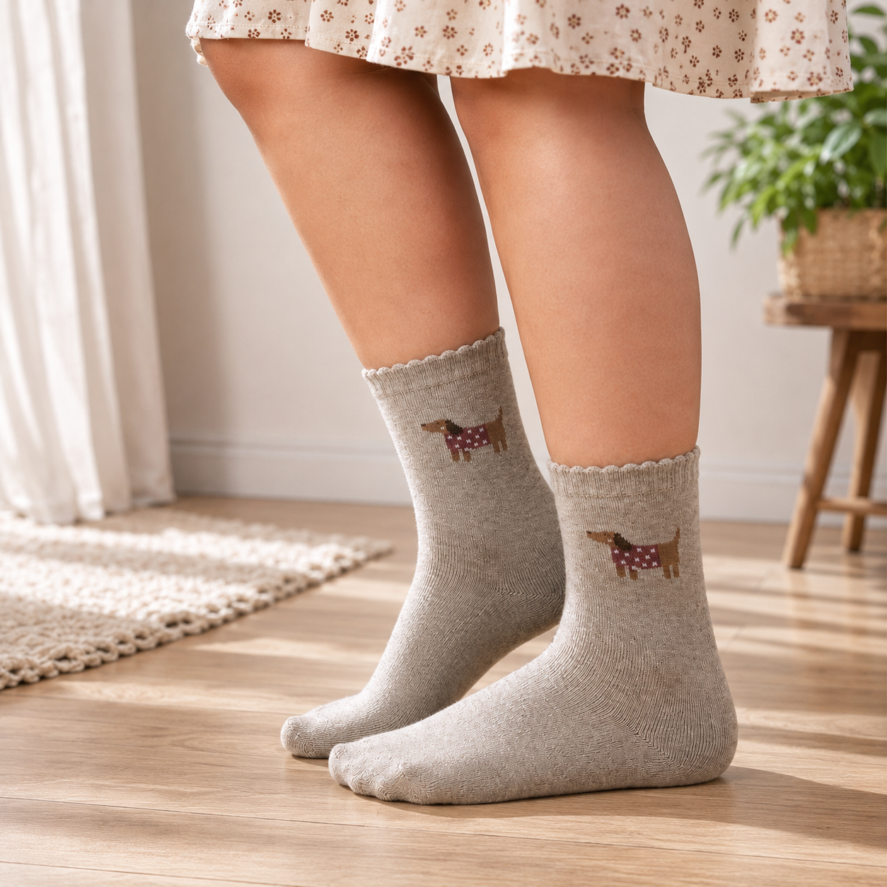 Girls Beige Dachshund Print Crew Socks