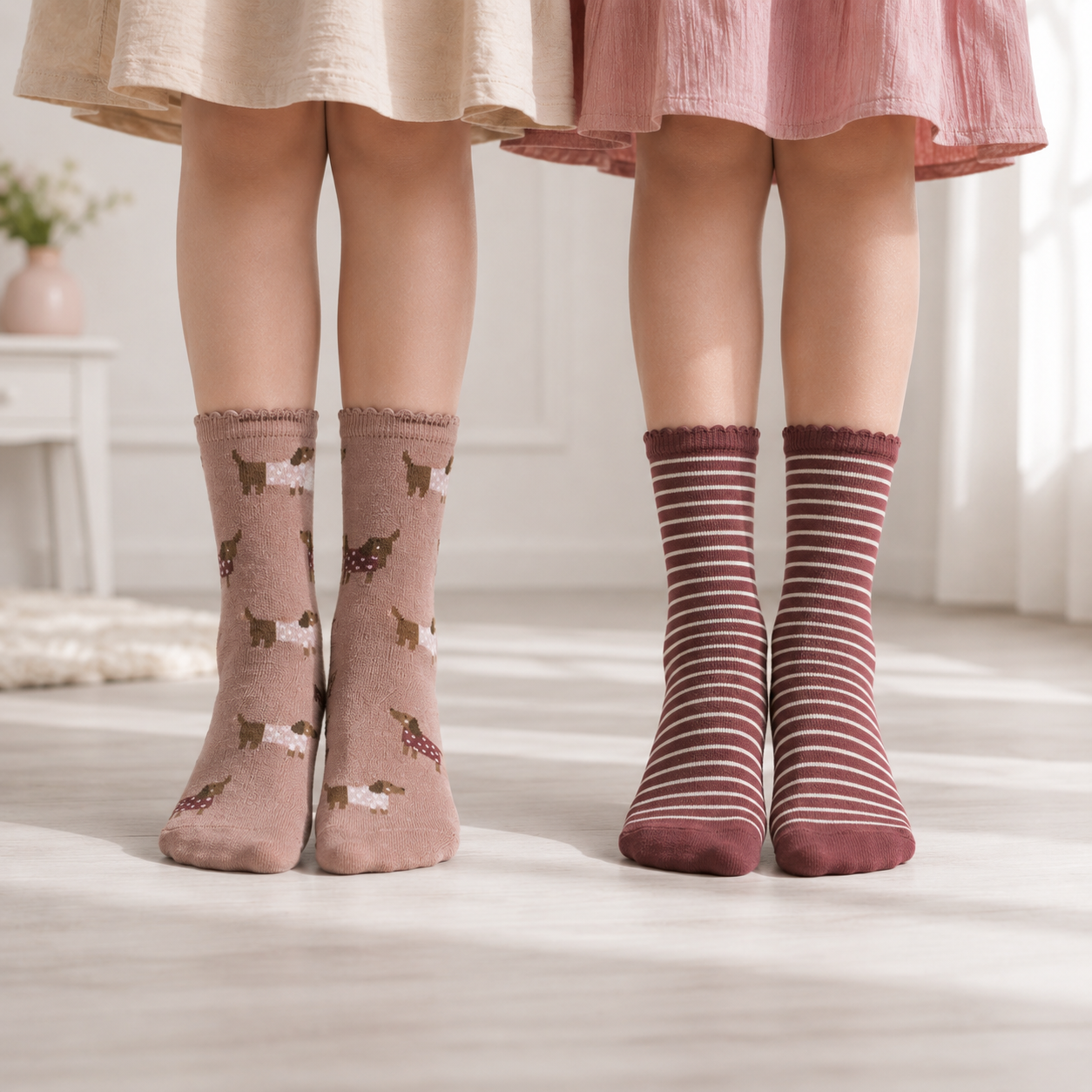 Dog Printed & Striped Girls Crew Socks