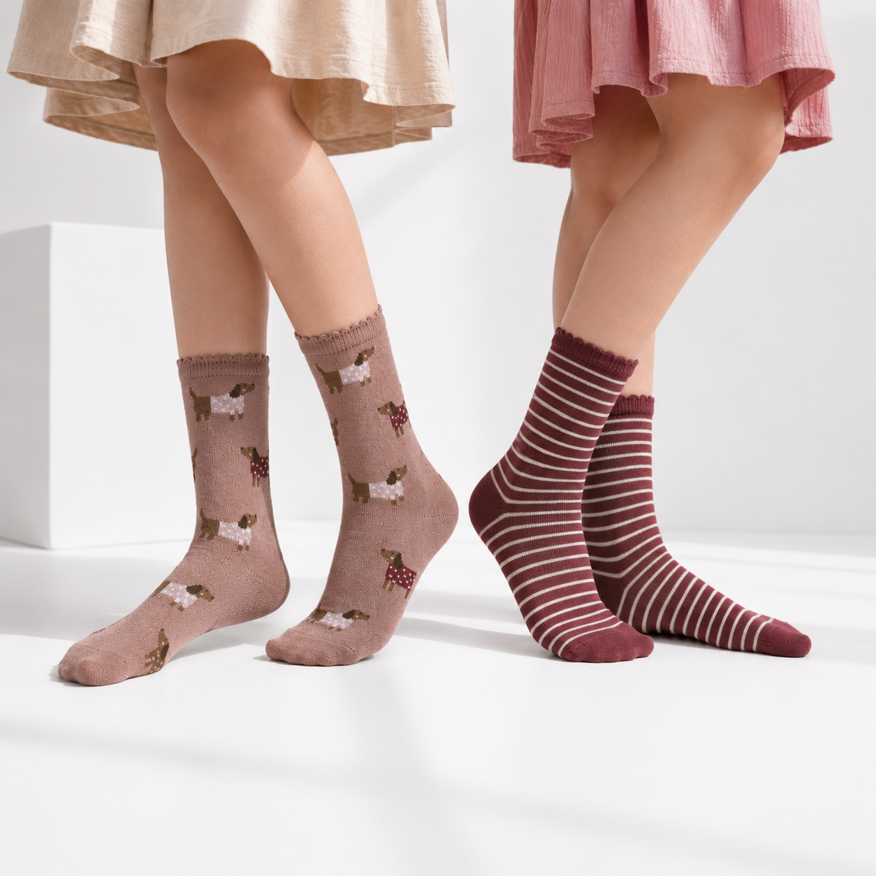Dog Printed & Striped Girls Crew Socks