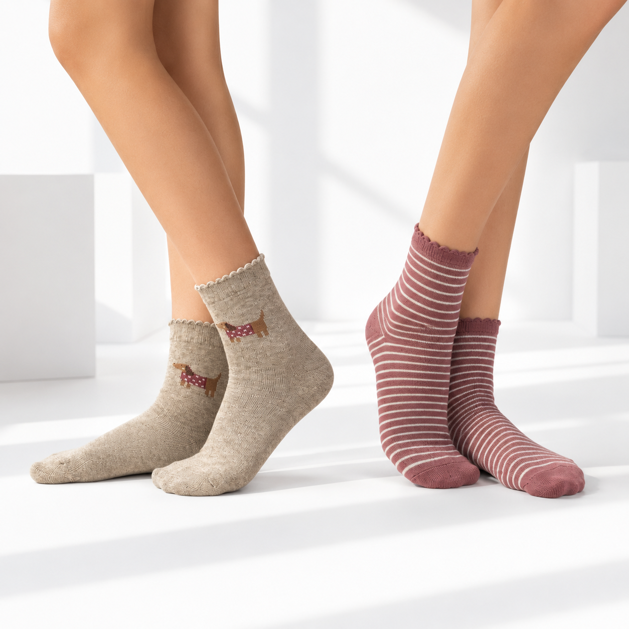 Beige Dachshund & Striped Crew Socks for Girls