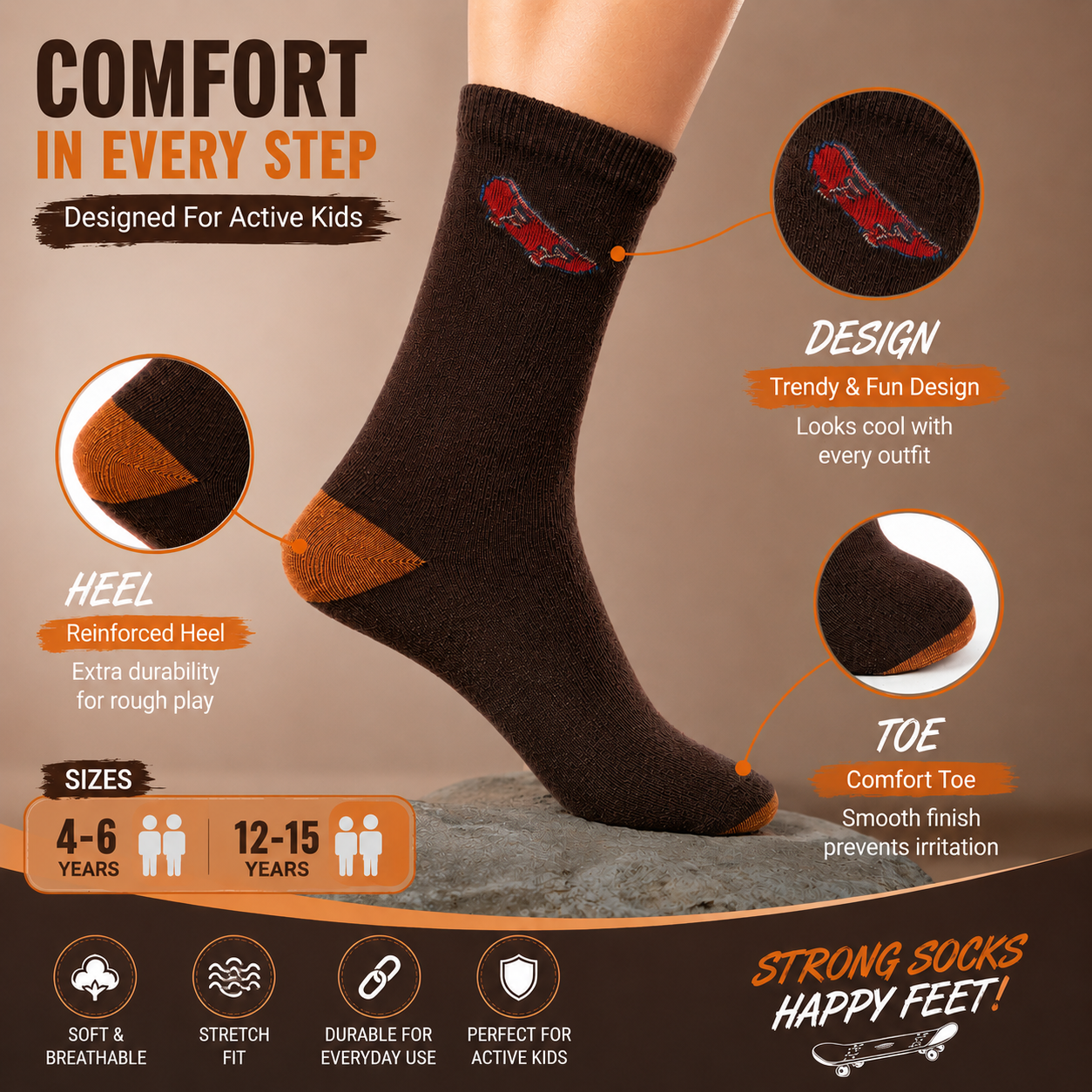 Boys Brown Skater Crew Socks