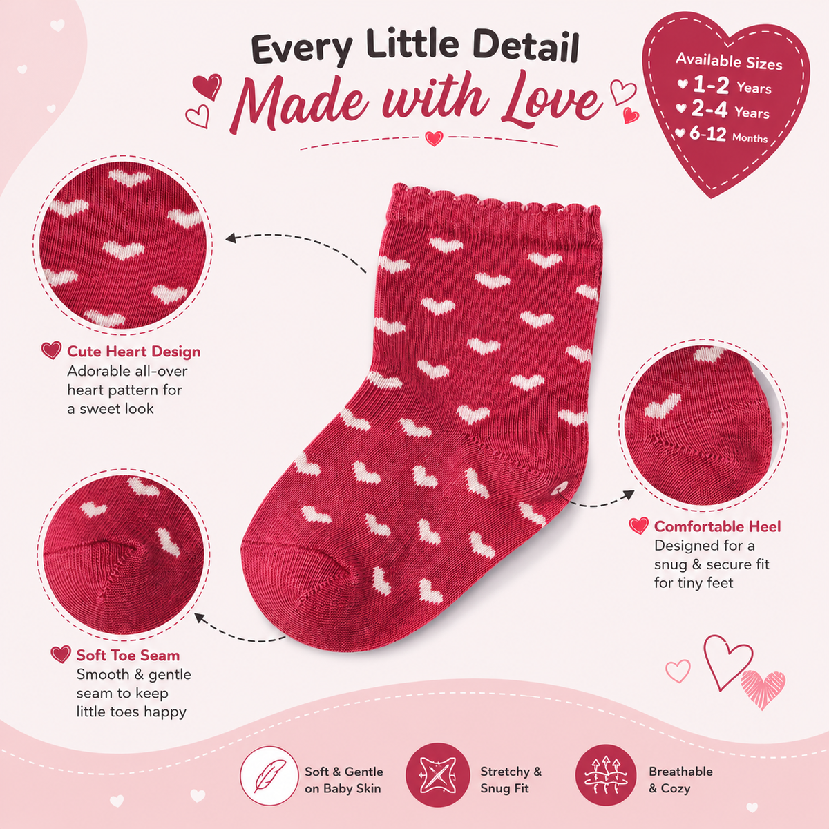 Adorable Heart-Print Baby Girl Socks