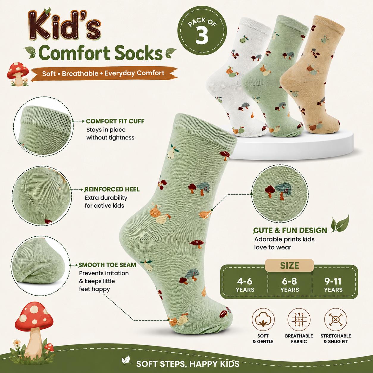 Girls Mushroom & Pear Print Crew Socks