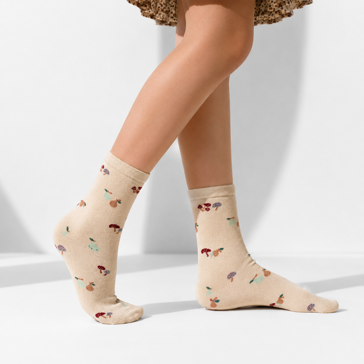 Girls Mushroom & Pear Cream Crew Socks