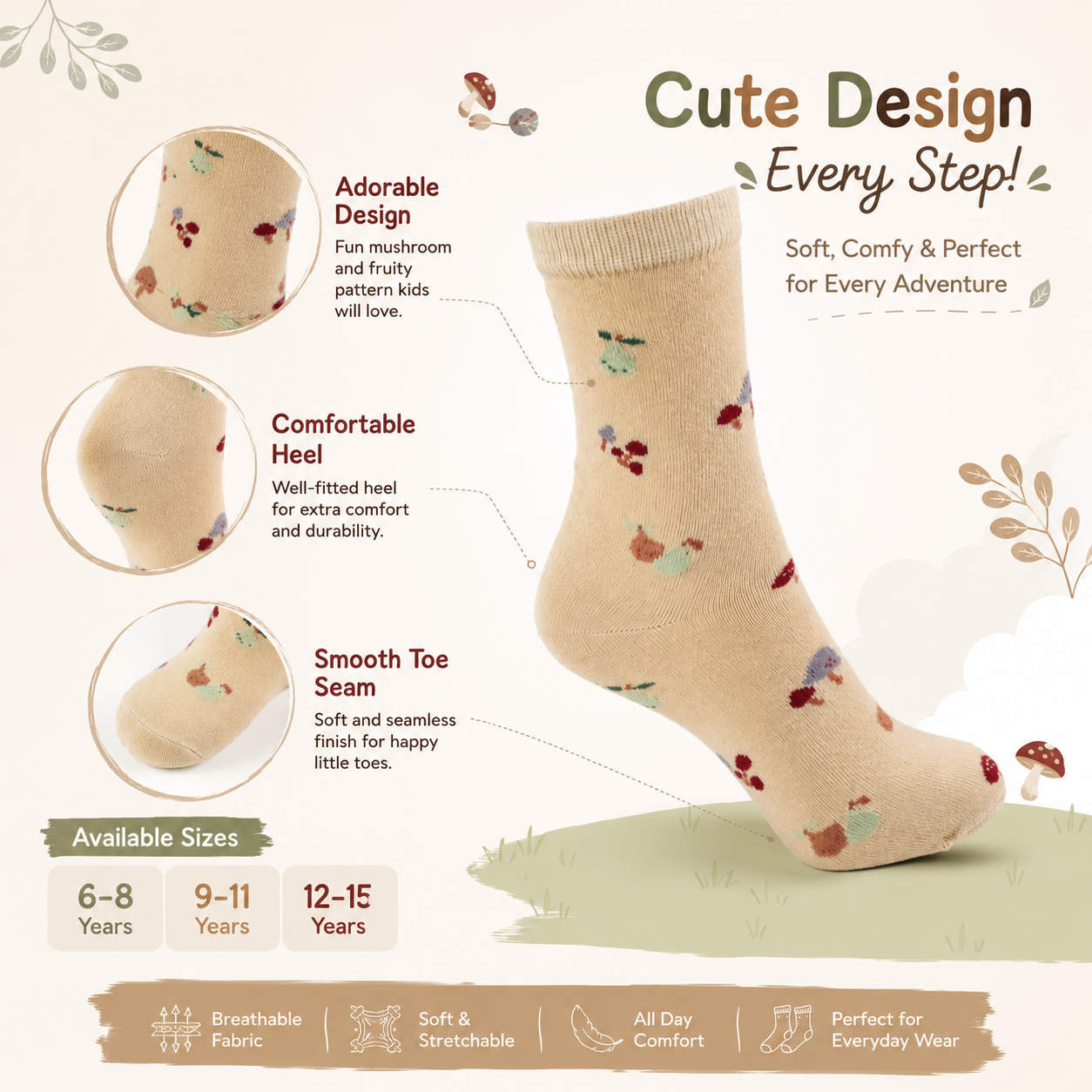 Girls Mushroom & Pear Cream Crew Socks