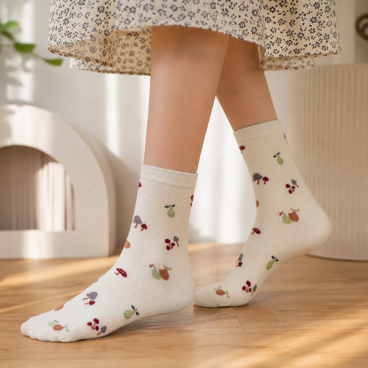 Girls Mushroom & Pear White Crew Socks